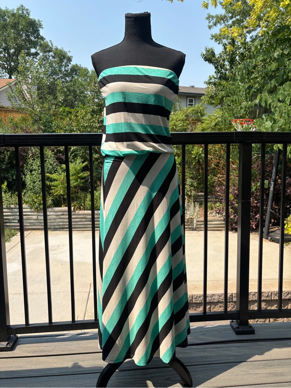 Veronica M Strapless Maxi Dress in Teal, Black & Cream